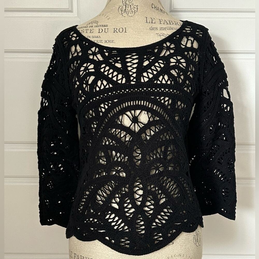 Joie black crochet knit sweater size small spiderweb style